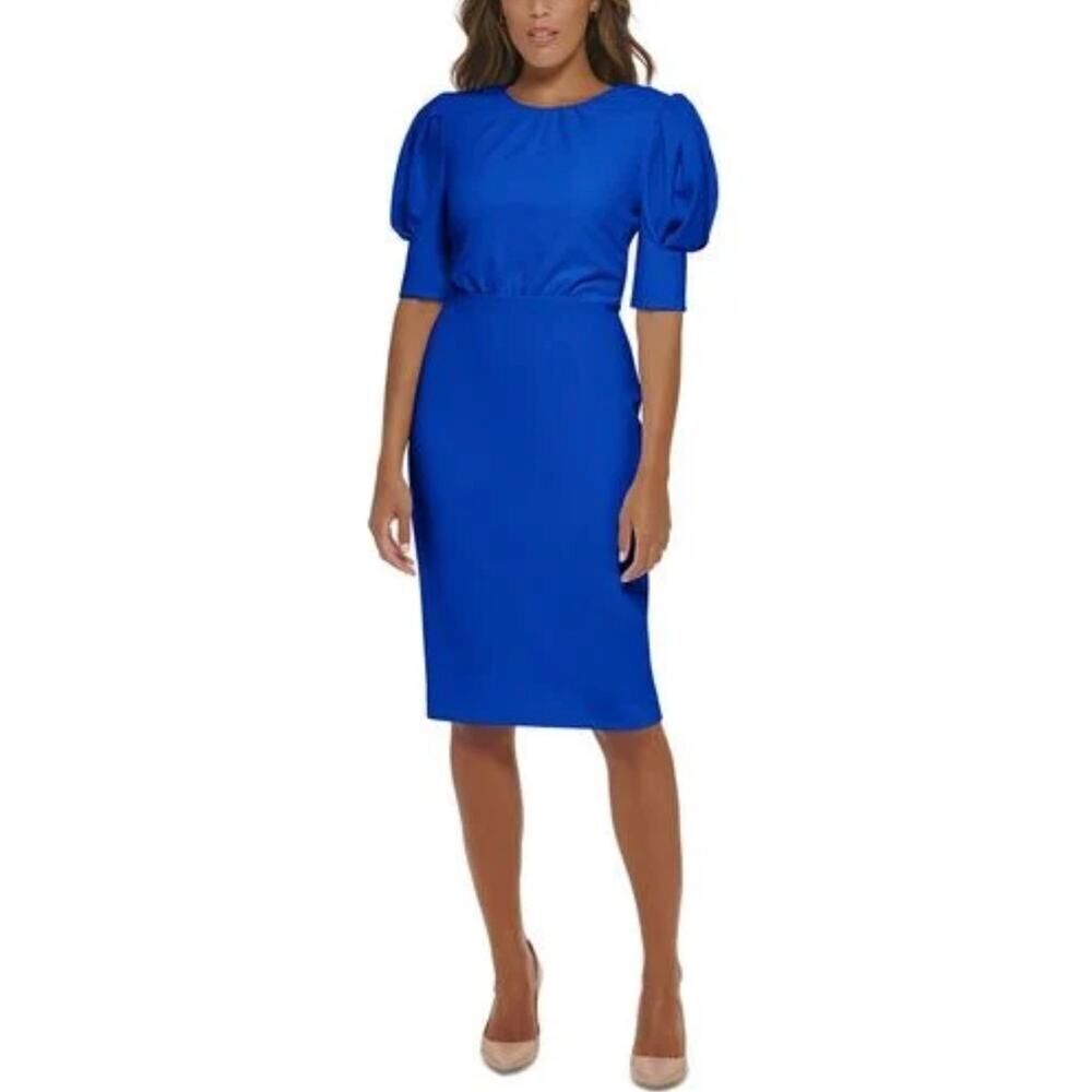 Calvin Klein Sheath Dress Women's 12 Blue Puff-Sleeve Jewel Neck Knee Length
